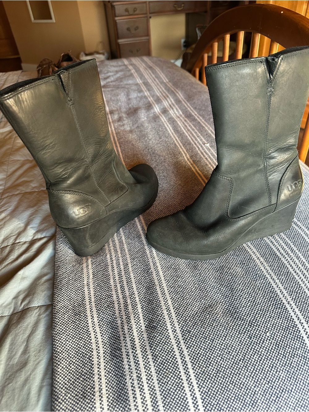 UGG Black Leather Wedge Mid-Calf Boots